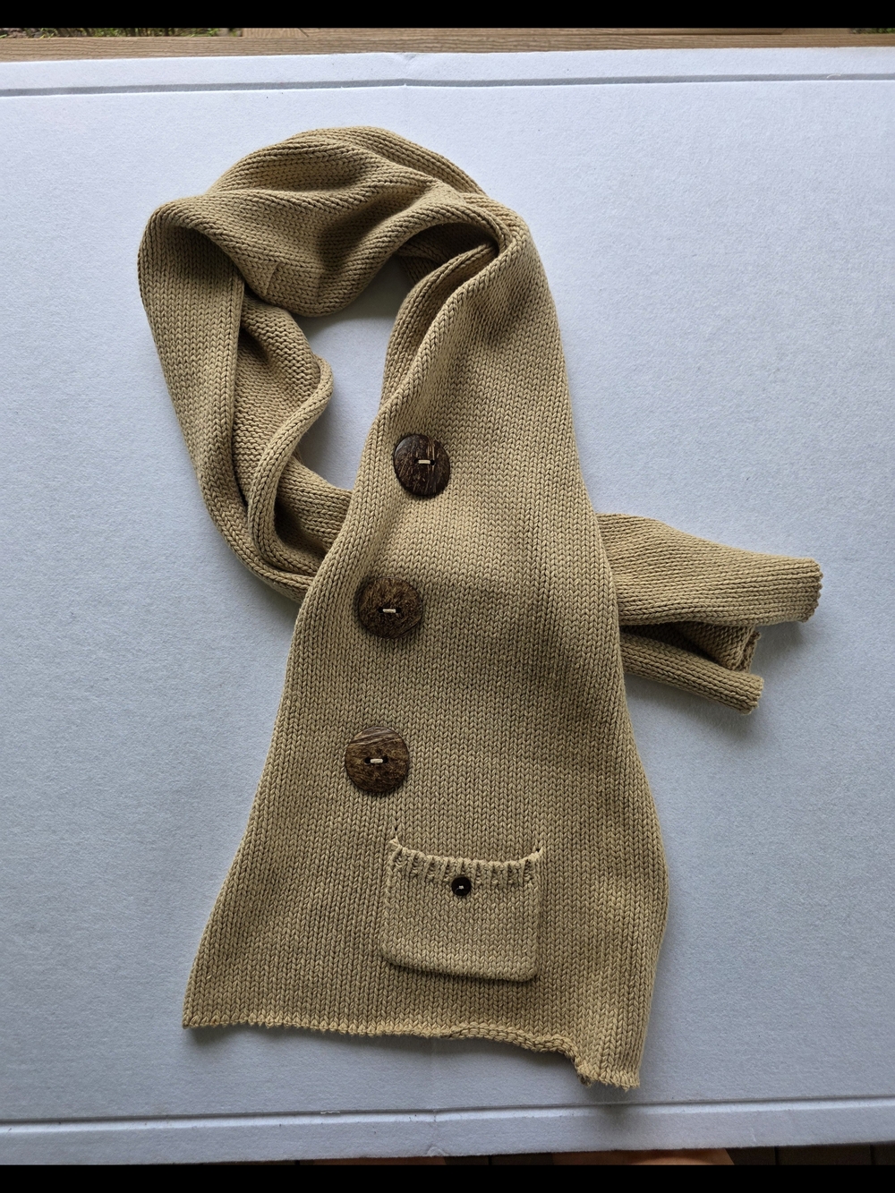 Beige Knit Scarf with Wooden Buttons & Pocket